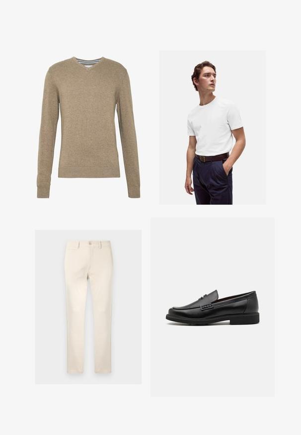 Suéter con cuello en V hecho de un suave tejido de punto en marrón claro, con mangas largas y puños y bajo acanalados. Textura sutil en toda la tela.; Camiseta blanca de algodón con cuello redondo, combinada con pantalones de traje azul marino con plisado y un cinturón de cuero marrón con hebilla dorada.; Pantalones de algodón beige con corte recto, que cuentan con un único bolsillo frontal, cierre de botón y detalles de costura sutiles.; Mocasines sintéticos negros con un prominente frente cosido, plantilla acolchada y suela plana de goma; diseño elegante con un detalle mínimo.