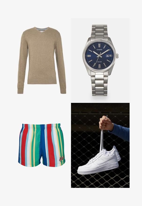Svetr s výstřihem do V vyrobený z měkké, světle hnědé pleteniny, s dlouhými rukávy a vroubkovanými manžetami a lemem. Jemná textura po celé ploše látky.; Bílý bavlněný tričko s kulatým výstřihem nošené s námořnickými plisovanými kalhotami a hnědým koženým páskem se zlatou sponou.; Vícebarevné plavky s vertikálními pruhy v červené, modré, zelené, žluté a bílé barvě. Elastický pas s vyšitým logem.; Bílé kožené tenisky s perforacemi, kulatou špičkou, plochou podrážkou a silnými tkaničkami, které mají viditelné logo swoosh a nápis "AIR" na patě.; Stříbrný nerezový náramkový hodinky s navy modrým ciferníkem, kovovými hodinovými značkami a oknem pro datum na hodině 3. Vodotěsné do 50 metrů.