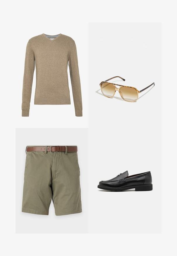 Sweter z dekoltem w kształcie V, wykonany z miękkiej, jasnobrązowej dzianiny, z długimi rękawami oraz ściągaczami przy mankietach i hemie. Subtelna tekstura w całym materiale.; Biała bawełniana koszulka z okrągłym dekoltem noszona z granatowymi spodniami w kant i brązowym skórzanym paskiem z złotą klamrą.; Oliwkowe szorty wykonane z tkaniny, z brązowym skórzanym paskiem, przednimi kieszeniami i prostym dołem. Gładka faktura i casualowy styl.; Czarne syntetyczne mokasyny z wyraźnym przeszyciem z przodu, wyściełaną wkładką i płaską gumową podeszwą; smukły design z minimalnymi detalami.; Okulary przeciwsłoneczne w kolorze żółwia z prostokątną oprawką, brązowymi soczewkami w gradientzie i eleganckimi czarnymi zausznikami z subtelnymi akcentami logo.