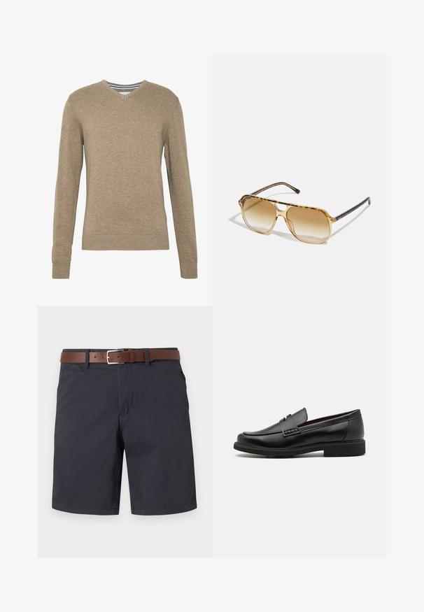 V-Ausschnitt Pullover aus weichem, hellbraunem Strickstoff, mit langen Ärmeln und gerippten Bündchen und Saum. Dezente Textur im gesamten Stoff.; Weißes Baumwoll-T-Shirt mit rundem Ausschnitt, kombiniert mit navyblauen, gefalteten Hosen und einem braunen Ledergürtel mit goldener Schnalle.; Dunkelblaue Shorts aus strukturiertem Stoff, ausgestattet mit einem braunen Ledergürtel. Klassische Passform mit zwei seitlichen Taschen und einem schlichten Saum.; Schwarze synthetische Slipper mit einer markanten gesteppten Vorderseite, gepolstertem Fußbett und flacher Gummisohle; schlankes Design mit minimaler Detailverarbeitung.; Sonnenbrille im Schildpatt-Design mit rechteckigem Rahmen, braunem Verlaufsglas und schlanken schwarzen Bügeln mit dezenten Logo-Akzenten.