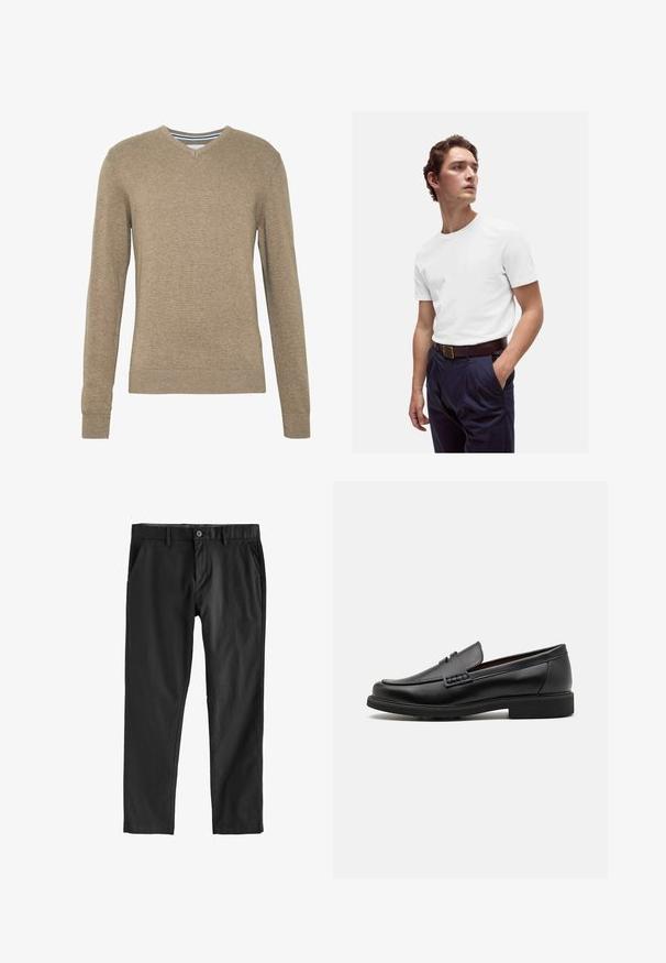 Svetr s výstřihem do V vyrobený z měkké, světle hnědé pleteniny, s dlouhými rukávy a vroubkovanými manžetami a lemem. Jemná textura po celé ploše látky.; Bílý bavlněný tričko s kulatým výstřihem nošené s námořnickými plisovanými kalhotami a hnědým koženým páskem se zlatou sponou.; Černé kalhoty z hladké tkaniny, s knoflíkovým zapínáním, bočními kapsami a rovnými nohavicemi. Žádné viditelné vzory ani textura.; Černé syntetické mokasíny s výrazně prošívanou špicí, měkkou stélkou a plochou gumovou podrážkou; elegantní design s minimálním zdobením.