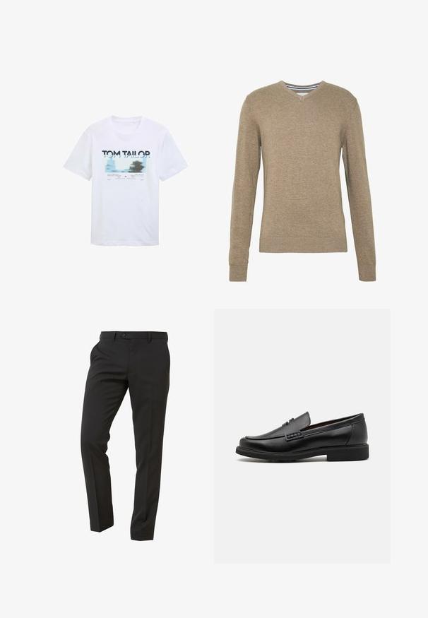 V-paita, joka on valmistettu pehmeästä, vaaleanruskeasta neuloksesta ja jossa on pitkät hihat sekä ribbireunukset hihoissa ja helmassa. Kankaassa on hienovarainen rakenne.; Valkoinen puuvillainen T-paita, jossa on sininen ja musta grafiikkapainatus tekstillä. Lyhyet hihat ja pyöreä pääntie, rento malli.; Next Trousers - Suit Trousers Slim Fit - Puvunhousut - mottled black; Musta keinotekoinen mokka, jossa on korostettu ommeltu etuosa, pehmeä sisäpohja ja litteä kumipohja; tyylikäs muotoilu, jossa on vähäistä yksityiskohtaisuutta.