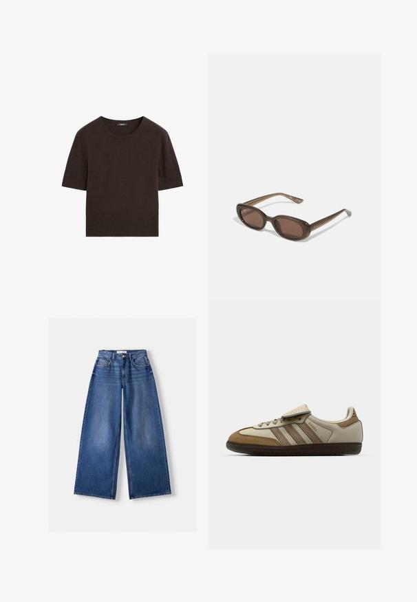 Navyblauwe, langmouwige V-hals trui met een kabelbreipatroon en geribbelde mouwen en zoom.; Bruine trui met korte mouwen en een ronde halslijn. Gemaakt van zachte, textuurrijke stof. Eenvoudig ontwerp zonder extra patronen of hardwaredetails.; Bershka WIDE-LEG - Wide leg - dark blue; Bruine en crèmekleurige sportschoen met drie beige strepen, gemaakt van suede en leer, vetersluiting ontwerp en rubberen zool. Tekstlogo aan de zijkant.; Brown ovalen zonnebrillen met donkere lenzen. Het montuur is gemaakt van doorzichtig bruin materiaal en heeft een logo dat op de slapen is gedrukt.; Bruine suède tote bag met twee schouderbanden, een ruime rechthoekige vorm en een minimalistisch ontwerp. Zachte textuur met een gladde afwerking.