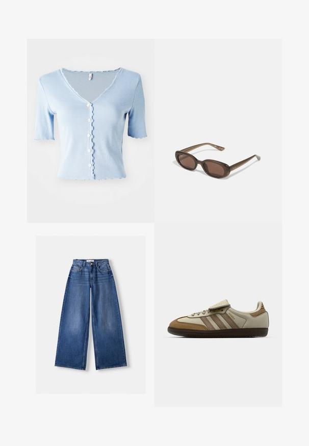 Tmavě modrý svetr s dlouhým rukávem a výstřihem do V, se vzorem z pletené kabelky a žebrovanými manžetami a lemem.; Světle modrý žebrovaný kardigan s krátkým rukávem, s výstřihem do V, vlnitými okraji a pěti bílými knoflíky vpředu, vyrobený z měkké látky.; Bershka WIDE-LEG - Wide leg - dark blue; Hnědé a krémové sportovní boty se třemi béžovými pruhy, vyrobené z semišové a kožené materiály, s šněrovacím designem a gumovou podešví. Textové logo na boku.; Hnědé oválné sluneční brýle s tmavými skly. Rámeček je z průhledného hnědého materiálu a má na stranách potisk s logem.; Hnědá semišová taška přes rameno s dvěma ramenními popruhy, prostorný obdélníkový tvar a minimalistický design. Měkká textura s hladkým povrchem.