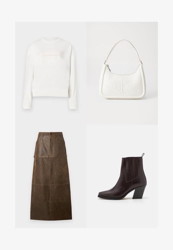 Hanorac alb dintr-un material moale, cu guler rotund, mâneci lungi și logo-ul "Barbour International" în roz deschis.; Fustă midi din piele maro, cu talie înaltă, buzunare frontale și o textură netedă cu accente de cusături vizibile.; Cizmă de gleznă din piele maro închis, cu vârful ascuțit, detalii verticale cu caneluri pe lateral și un toc de înălțime medie, de tip block.; Geantă de umăr din piele albă cu formă curbată, având un logo "CK" embosat pe partea din față și un singur braț de umăr. Închidere cu fermoar în partea de sus.