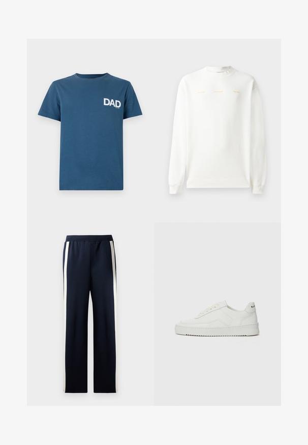 Balts džemperis ar apaļu kakla izgriezumu, garām piedurknēm un ribotām aprocēm. Priekšpusē ir zeltā drukāts teksts: "HZW (25-26) HOLZWEILER THE SUN."; Zila kokvilnas t-krekls ar īsām piedurknēm un apaļu kakla izgriezumu, kuru rotā balts "TĒVS" teksts kreisajā krūšu daļā.; Jūras spēku pelēkās bikses ar platām kājām, akcentētas ar vertikālām krēmkrāsas svītrām pa malām. Izgatavotas no mīkstas, teksturētas auduma ar elastīgu jostu.; Baltas ādas sneakers ar gludu virsmu, apaļu pirkstu daļu, plakaniem šņorēm un teksturētu zoli. Satur diskrētu logotipu uz papēža.