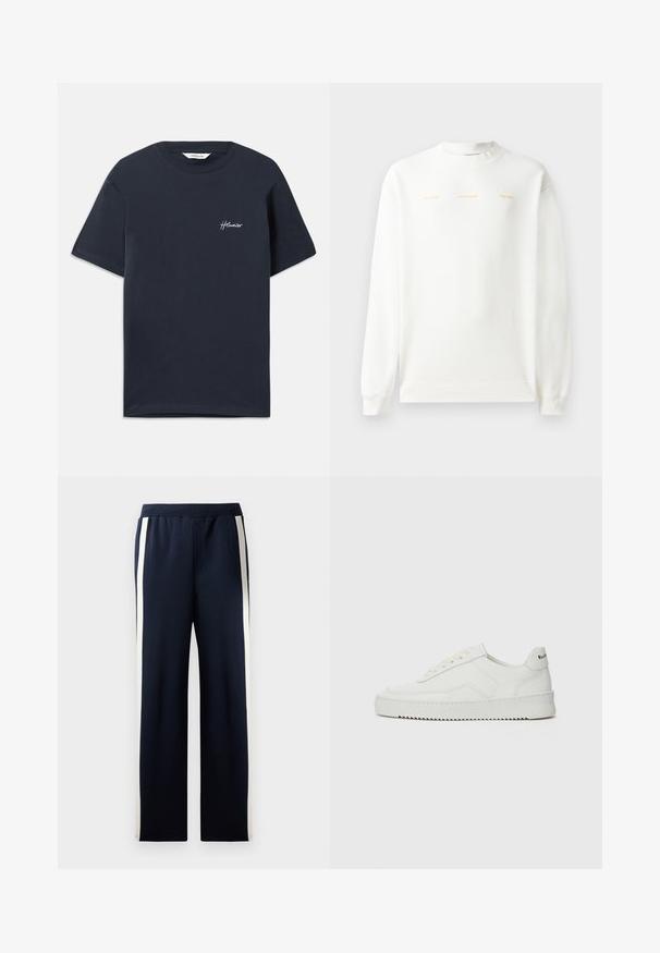 White sweatshirt with round neck, long sleeves, and ribbed cuffs. Features gold printed text across the chest: "HZW (25-26) HOLZWEILER THE SUN."; Navy blue cotton t-shirt with short sleeves. Features a white embroidered brand logo on the left chest. Classic crew neckline.; Navy sweatpants with a wide leg design, featuring vertical cream stripes along the sides. Made from soft, textured fabric with an elastic waistband.; White leather sneaker with a smooth finish, round toe, flat laces, and a textured sole. Features a subtle logo on the heel.