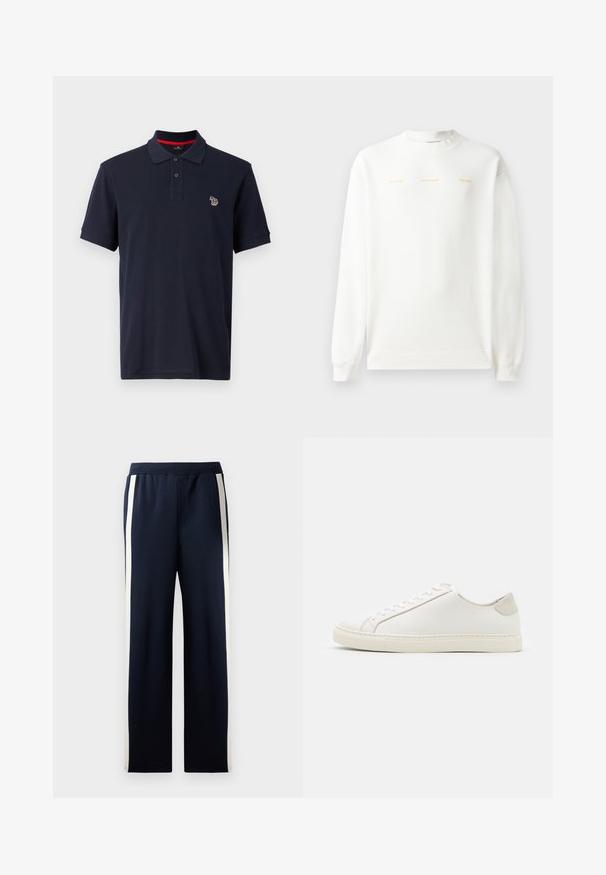 Biely sveter s okrúhlym výstrihom, dlhými rukávmi a rebrovanými manžetami. Na prednej strane má zlatý potlačený text: "HZW (25-26) HOLZWEILER THE SUN."; Námornícka polo košeľa vyrobená z bavlny, s tradičným golierom, zapínaním na tri gombíky a malým vyšitým logom na ľavej hrudi.; Námornícke teplákové nohavice s širokým strihom, s vertikálnymi krémovými pruhmi po stranách. Vyrobené z mäkkého, textúrovaného materiálu s elastickým pásom.; Biele kožené tenisky s hladkým povrchom, okrúlym špičkou a minimalistickým dizajnom. Obsahujú béžové akcenty na päte a gumovú podrážku.