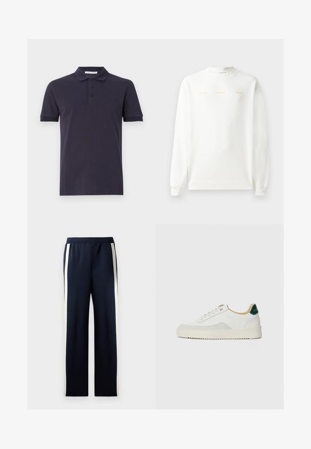 Bela trenirka z okroglo ovratnikom, dolgimi rokavi in rebrastimi zapestji. Ima zlat napis čez prsi: "HZW (25-26) HOLZWEILER THE SUN."; Mornarsko modra polo majica iz bombaža s klasičnim ovratnikom, tri gumbi na zapenjalniku, kratkimi rokavi in diskretnim logotipom na prsih.; Mornarske trenirke širokega kroja, ki imajo navpične kreme proge ob straneh. Narejene iz mehkega, teksturiranega materiala z elastičnim pasom.; Bela trenerka z zaključki iz semiša, okroglo konico, ravne vezalke in kremna gumijasta podplata. Ima zeleno blagovno znamko na peti.