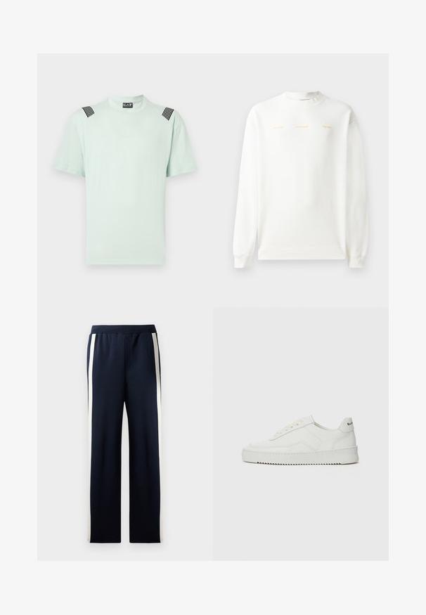 Λευκή μπλούζα με στρογγυλή λαιμόκοψη, μακριά μανίκια και ribbed μανσέτες. Διαθέτει χρυσό εκτυπωμένο κείμενο στο στήθος: "HZW (25-26) HOLZWEILER THE SUN."; Απαλό μιντ πράσινο t-shirt από μαλακό ύφασμα, με κοντά μανίκια, στρογγυλή λαιμόκοψη και μαύρες κάθετες ρίγες στους ώμους με διακριτική σήμανση.; Ναυτικές φόρμες με φαρδιά σχεδίαση, που διαθέτουν κάθετες κρεμ λωρίδες στα πλάγια. Φτιαγμένες από μαλακό, υφασμάτινο ύφασμα με ελαστική μέση.; Λευκό δερμάτινο sneakers με λείο φινίρισμα, στρογγυλή μύτη, επίπεδα κορδόνια και υφή στην σόλα. Φέρει μια διακριτική λογότυπο στη φτέρνα.