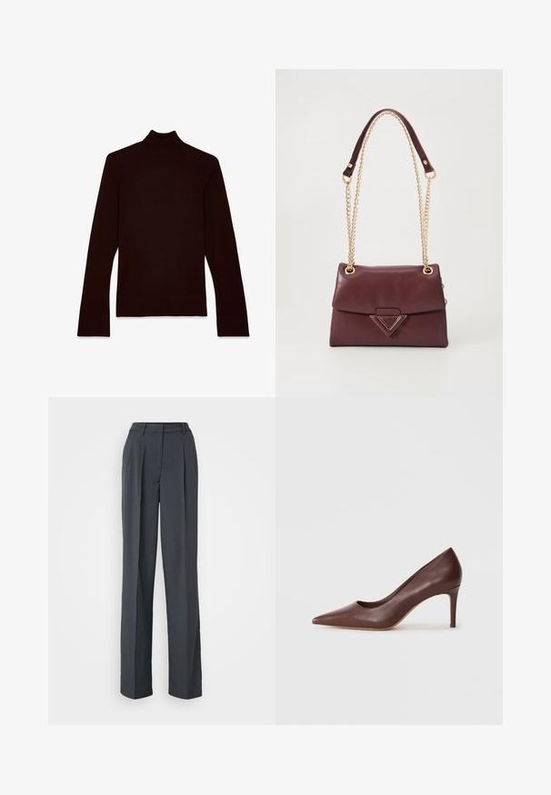 Prune turtleneck särk, mis on valmistatud pehmest kudumismaterjalist. Omab pikki varrukaid, sobivat disaini ning soonikserva ja -kraed.; Tumedashallased laiad püksid, mis on valmistatud tekstuurilisest kangast. Omavad eesmine voldid, lamedat vööd ja puhast disaini ilma detailideta.; Pruunist nahast terava ninaga kõrged kontsad, millel on elegantne disain ja mõõdukas stilettokont, omades siledat tekstuuri ja minimaalseid aksessuaare.; Burgundi värvi nahk käekott, millel on kokkuvoltitav klapp, kuldne kett rihm ja ees kolmnurkne metallaktsent. Siledat tekstuuri.