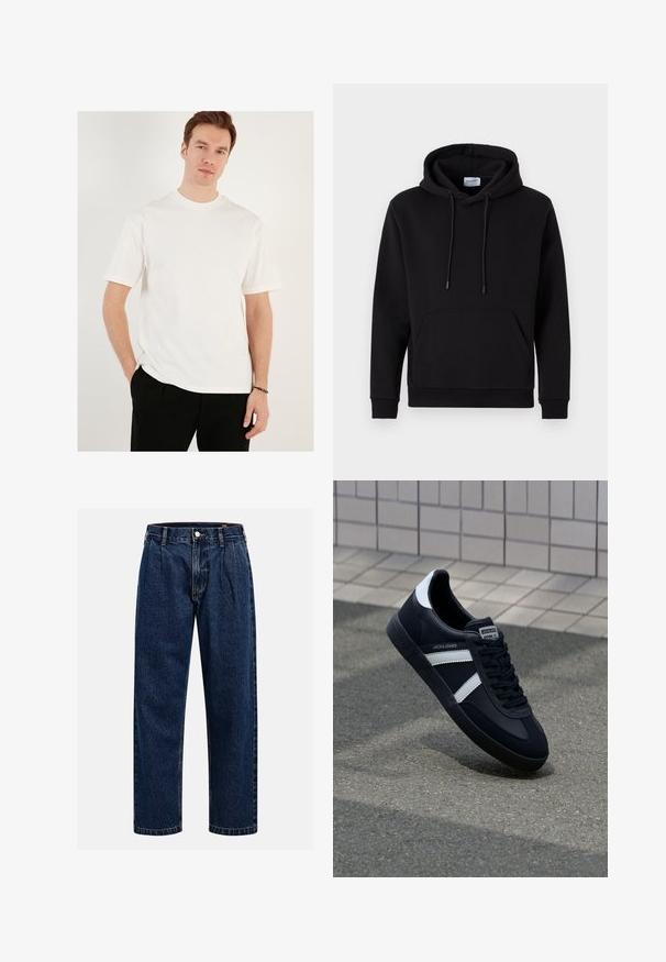 Felpa nera con cappuccio realizzata in tessuto ricco di cotone, dotata di tasca frontale, cappuccio con coulisse e polsini a coste. Design semplice e informale.; T-shirt bianca a maniche corte in cotone, con scollatura rotonda e vestibilità relaxed. Indossata con pantaloni neri, di texture liscia, senza fantasie.; Jeans in denim blu scuro con design a gamba dritta. Presentano cuciture visibili, una chiusura con bottone e pieghe frontali per un tocco di dettaglio in più.; Sneaker neri in pelle con strisce bianche, suola in gomma texturizzata e allacciatura frontale. Presenta un'etichetta con il marchio sulla linguetta.