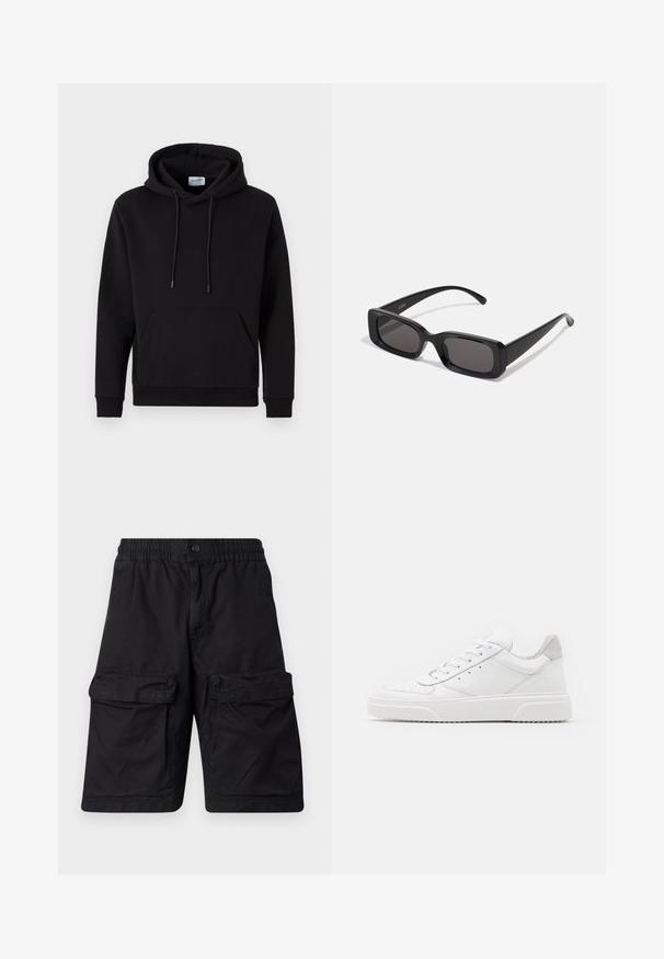 Black hoodie made of cotton-rich fabric, featuring a front pocket, drawstring hood, and ribbed cuffs. Simple and casual design.; Black shorts made of durable fabric with an elastic waistband, two large cargo pockets on each side, and stitched detailing.; White leather sneakers with a smooth finish, rounded toe, flat laces, and a textured sole. Grey suede accent at the heel.; Black rectangular sunglasses with dark lenses, glossy finish, wide arms, and a chunky frame design. Engraved brand name on one arm.