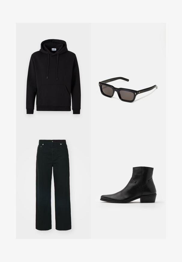 Black hoodie made of cotton-rich fabric, featuring a front pocket, drawstring hood, and ribbed cuffs. Simple and casual design.; Black wide-leg denim pants with a high waist, featuring front pockets, a button closure, and subtle stitching details.; Black leather ankle boot with a pointed toe, minimal stitching details, a mid-height block heel, and a smooth, polished finish.; Black rectangular sunglasses with dark lenses, thick plastic frame, gold accents on temples, and brand logo engraved on the arm.