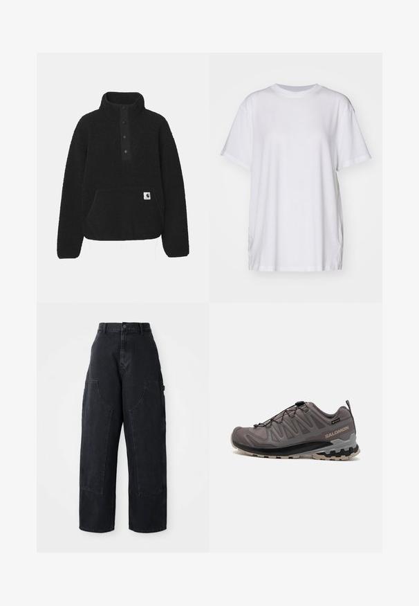 Carhartt WIP ELLIOT HIGH NECK - Flīsa džemperis - black; Balts oversize T-krekls izgatavots no kokvilnas, ar apaļu kakla izgriezumu, īsām piedurknēm un sānu šķelumiem, lai nodrošinātu brīvu piegriezumu. Gluda tekstūra.; Melni denim platā kāju kravātie bikses ar augstu jostas vietu, diviem lieliem priekšējiem kabatām un pogas aizdari jostas vietā. Gluda auduma struktūra, ikdienas dizains.; Pelēki āra apavi ar sietiņu un sintētisko augšdaļu, mīkstināta apkakle un teksturēta zole ar dziļiem rievojumiem, kas nodrošina saķeri. Regulējama šņorēšanas sistēma.