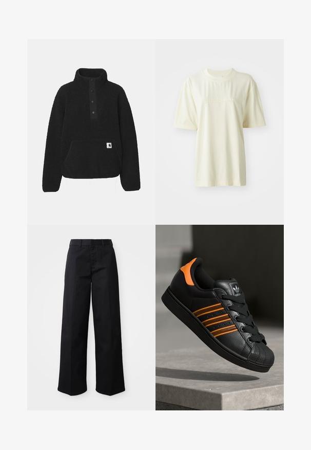 Carhartt WIP ELLIOT HIGH NECK - Flīsa džemperis - black; Krēmkrāsas kokvilnas T-krekls ar apaļu kakla izgriezumu, īsām piedurknēm un reljefu "adidas" logotipu uz krūts. Gluda tekstūra un brīvs piegriezums.; Melni plaši bikses, izgatavotas no mīksta kokvilnas auduma. Tām ir klasiskas jostas, sānu kabatas un taisna griezuma apakša.; Melnas kedas ar oranžiem akcentiem, trīs horizontālas svītras, teksturēts ādas augšdaļa, gumijas purngala daļa un melnas auklas.