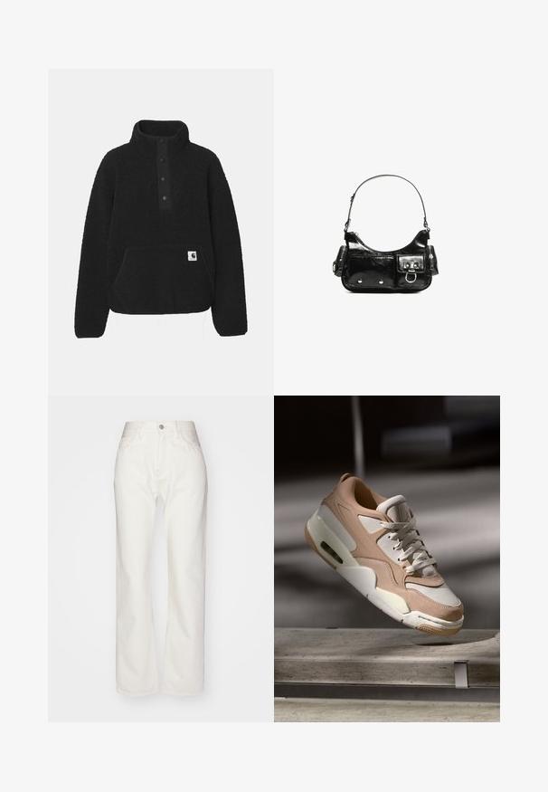Carhartt WIP ELLIOT HIGH NECK - Flísová bunda - black; Biele džínsy so zvýšeným pásom a širokými nohavicami. Majú zapínanie na gombík a zips, pútka na opasok a jemné detaily stehov.; Béžové a biele tenisky s hladkým koženým a semiprefinovaným povrchom, s polstrovaným jazykom, šnurovaním a viditeľnou vzduchovou odpružovacou jednotkou.; Čierna laková kožená kabelka s ohnutým tvarom, jedným ramenným popruhom, prednými vreckami a striebornými kovovými doplnkami.