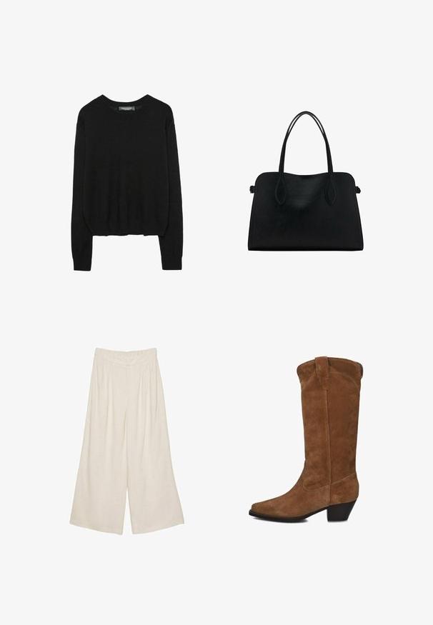 Schwarzer Langarm-Pullover mit Rundhalsausschnitt und gerippten Bündchen und Saum, auf einem weißen Hintergrund präsentiert.; Leinen-Hose mit weitem Bein in einem hellbeigen Farbton, ausgestattet mit einem plissierten Design und einem elastischen Bund für Komfort und angenehmen Tragekomfort.; Braune Wildleder-Stiefel bis zum Knie mit quadratischer Spitze und niedrigem Absatz. Verfügt über gesteppte Details und eine leicht abgerundete Oberseite.; Schwarze Lederhandtasche mit zwei Schulterriemen, rechteckiger Form und minimalistischem Design auf weißem Hintergrund.