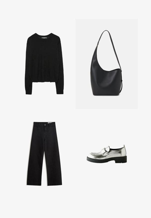 Maglione nero a maniche lunghe con collo a giro e polsini e orlo a coste, esposto su uno sfondo bianco.; Pantaloni in denim neri a gamba larga con vita alta, dotati di tasche anteriori e posteriori, cuciture a punto, e chiusura con bottone. Texture liscia.; Mocassini metallici argento con punta arrotondata, accentuati da una striscia e suola spessa in gomma nera. Texture liscia e design minimalista.; Borsa hobo nera in pelle con una superficie liscia, forma curvata e una singola tracolla regolabile; presenta un'ampia apertura nella parte superiore.