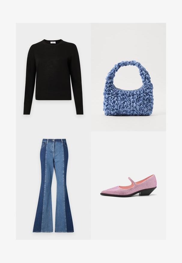Sweater preto de manga longa com decote redondo, confeccionado em tecido de malha macia, apresentando bainha e punhos canelados para um ajuste justo.; Calças de ganga flare com um design bicolor, apresentando painéis de denim azul escuro e claro, fecho frontal com botão e estilo de bolsos clássico.; Sapatilha Mary Jane ornamentada com strass rosa, bico apontado, laterais abertas e um salto preto baixo e inclinado. Forro interno suave.; Bolsa de tecido azul com textura pregueada e alça grossa e franzida. Apresenta padrões listrados subtis em toda a sua extensão. Forma retangular compacta.
