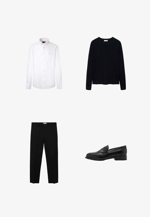 Zwart geribbeld longsleeve trui met een ronde hals en subtiele textuur. Gesloten mouwen en zoom dragen bij aan het gestructureerde ontwerp.; Witte langarmshirt gemaakt van katoen. Heeft een klassieke button-down kraag, knoppen aan de voorkant en een klein blauw logo op de linkerborst.; Zwarte op maat gemaakte broek met een rechte pasvorm, voorzien van een enkele knoopsluiting, ceintuurlussen en voorzijden plooien. Gemaakt van een gladde stof.; Zwarte leren instappers met een gestikte voorkant en een platte hak. Glad van textuur met een ronde neus en een decoratieve band over de wreef.