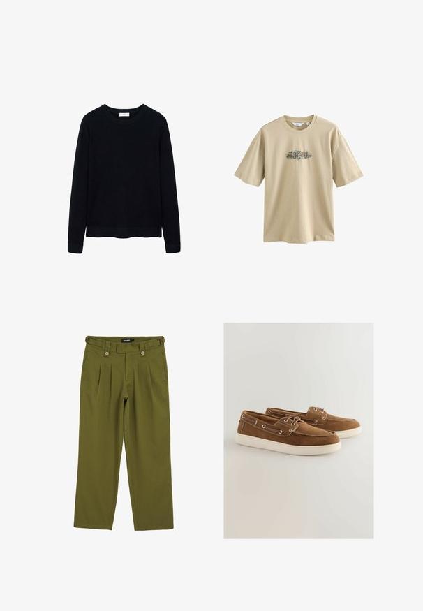 Pulover negru, cu mânecă lungă, cu un guler rotund și o textură subtilă. Manșetele și tivul închise contribuie la designul său structurat.; Tricou din bumbac bej, cu un imprimeu grafic în centru. Designul include elemente colorate și text curbat. Mânici scurte și guler rotund.; Pantaloni plisati de culoare verde măslin, cu croială dreaptă. Prezintă două nasturi în față, pasuri pentru curea și un material texturat neted.; Pantofi din suede maro cu un toc din cauciuc alb, design cu șireturi, gauri metalice pentru șireturi și cusături contrastante de-a lungul marginii.