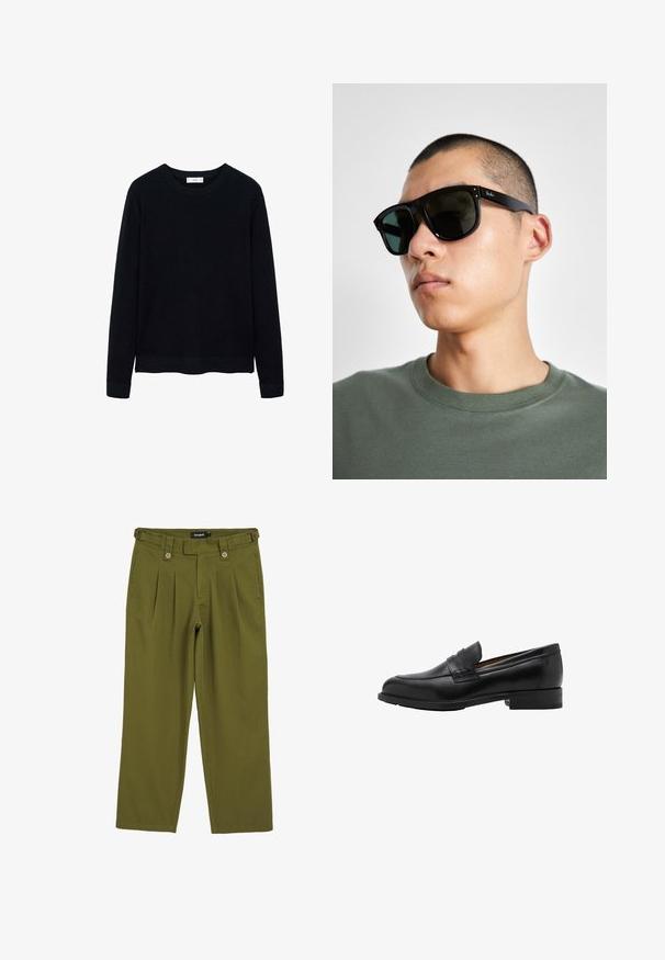 Černý žebrovaný svetr s dlouhým rukávem a kulatým výstřihem, s jemnou texturou. Uzavřené manžety a spodní lem přispívají k jeho strukturovanému designu.; Olivově zelené šicí kalhoty se střihem rovného střihu. Obsahují dva přední knoflíky, poutka na pásek a hladkou texturovanou látku.; Černé kožené mokasíny s prošitým předním dílem a plochým podpatkem. Hladký povrch s kulatou špičkou a dekorativním páskem přes nárt.; Černé obdélníkové sluneční brýle s tmavými skly, které mají charakteristický tvar a logo na straně. Nosí je osoba v zelené košili.
