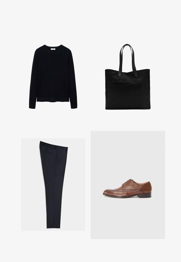 Musta ribattu pitkähihainen neule pään yli -kauluksella ja hienovaraisella tekstuurilla. Suljetut hihansuut ja helma lisäävät sen rakenteellista muotoilua.; Merkkitaittavat navy-housut, jotka on valmistettu sileästä kankaasta. Niissä on litteä etuosa, sivutaskut ja yksi takatasku. Suora lahje.; Ruske kožne cipele s glatkom završnom obradom, zaobljenim vrhom, vezanjem na pet rupica i niskim, ravnim potplatom. Suptilni šavovi ukrašavaju strane.; Musta olkalaukku, jossa on kaksi pitkää kahvaa, valmistettu sileästä kankaasta. Sisältää etutaskun ja minimalistisen muotoilun. Ei näkyvää metalliosaa tai kuvioita.