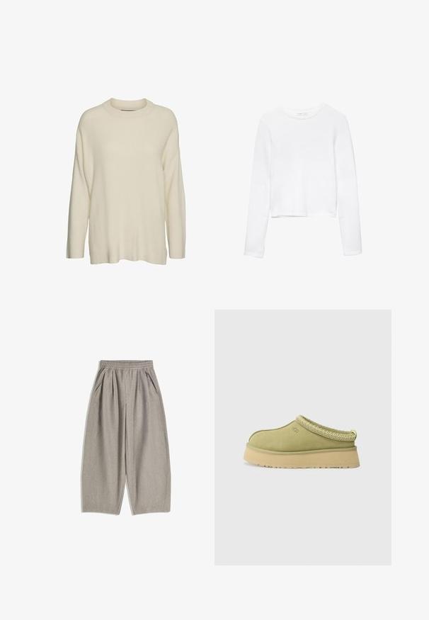 Kremasti pletena džemper s visokim ovratnikom, dugim rukavima i ležernim, kutnim krojem. Tkanina izgleda teksturirano i mekano.; Bijela dugosleeve skraćena košulja od mekog materijala, s okruglim izrezom i jednostavnim, bezšavnim dizajnom bez ukrasa.; Sive široke hlače od mekog materijala, s elastičnom gumom u struku i dva bočna džepa, s čistim, minimalističkim dizajnom.; UGG TAZZ II - Klompe - muted brass