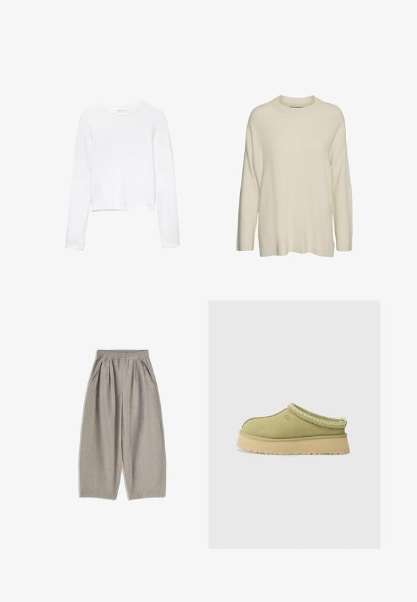 Pulover iz kremaste volnene preje s visokim ovratnikom, dolgimi rokavi in sproščenim, kvadratnim krojem. Tkanina se zdi teksturirana in mehka.; Bela dolga majica s kratkimi rokavi iz mehkega materiala, ki ima okroglo ovratnico in preprost, brezšiven dizajn brez okrasja.; Sive široke hlače iz mehkega blaga, z elastičnim pasom in dvema stranskima žepoma, z enostavnim in minimalističnim dizajnom.; UGG TAZZ II - Cokle - muted brass
