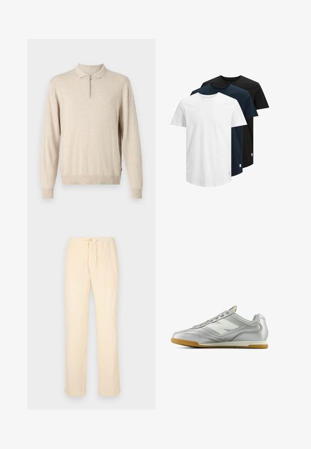 Beige langermet pullover med krave og lynlås. Lavet af blødt materiale med ribbede manchetter og kant.; Tre kortærmede T-shirts i hvid, mørk navy og sort. Lavet af bomuld, med rund hals og lige kant. Simpelt design, ingen mønstre.; Lys gule, løstsiddende bukser lavet af blødt stof, med en elastisk talje med snøre og lige ben.; Sølv atletiksko med en glat, skinnende overflade, hvidt logo på siden, teksturerede grå snørebånd og en gummigummisål.