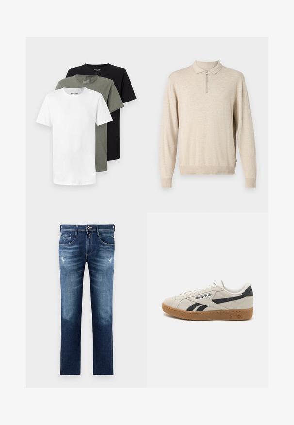Beiger Langarmpullover mit Kragen und Reißverschluss. Hergestellt aus weichem Material mit gerippten Bündchen und Saum.; Drei Rundhals-T-Shirts in Weiß, olivgrün und Schwarz. Hergestellt aus weicher Baumwolle, mit kurzen Ärmeln und einem lässigen Schnitt.; Blaue Denim-Jeans mit regulärer Passform, ausgestattet mit einer verwaschenen Optik, leichten Gebrauchsspuren, fünf Taschen und Kontrastnähten. Knopfverschluss am Bund.; Reebok-Sneaker aus beigem Wildleder mit schwarzen Akzenten. Sie verfügen über eine Gummilaufsohle, traditionelle Schnürung und einen gepolsterten Kragen für Komfort.