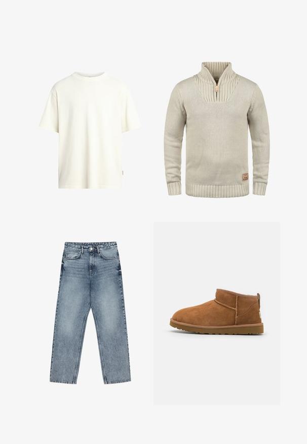 Beige knit sweater with a half-zip collar, ribbed cuffs and hem. Features textured pattern on the collar and a small logo patch.; Short-sleeve, crew-neck t-shirt in off-white, made of soft cotton, featuring a straight cut and minimalistic design with no patterns.; Light blue denim jeans with a straight leg cut, visible stitching, five pocket design, and a button closure at the waist.; Tan suede ankle boot with a rounded toe, subtle stitching details, and a textured rubber sole. Short height without laces.
