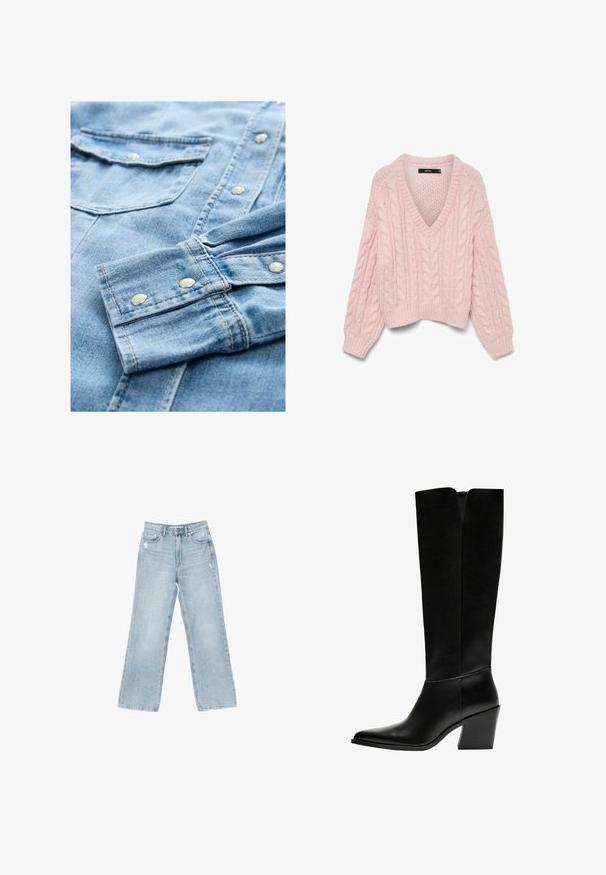 Vero Moda VMDREAM - Strickpullover - rose shadow; Helles blaues Jeanshemd mit silbernen Druckknöpfen, doppelten Brusttaschen und kontrastierenden Nähten. Der Stoff zeigt eine weiche, strukturierte Oberfläche.; Hellblaue Jeans aus Denim mit weiter Beinform, mit Used-Details, fünf Taschen und einem Reißverschluss.; Schwarze kniehohe Stiefel aus glattem Leder, mit spitzem Schuhbund, einem Blockabsatz und einem V-förmigen Ausschnitt an der Oberseite.