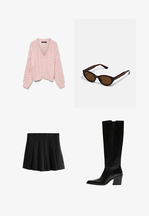 Vero Moda VMDREAM - Trui - rose shadow; Zwarte geplisseerde minirok met een gladde tailleband en gestructureerde omgekeerde doosplooien, geïsoleerd op een witte achtergrond.; Zwarte laarzen tot de knie van soepel leer, met een puntige neus, een blokhak en een V-vormige uitsparing aan de bovenkant.; Bruine schildpad zonnebril met een vintage cat-eye vorm en bruine lenzen. Heeft gebogen armen met rode accenten.