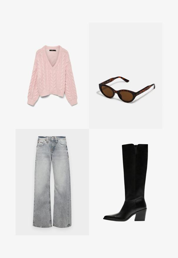 Vero Moda VMDREAM - Vesta - rose shadow; Svijetloplave široke traperice od denima s izblijedjelom teksturom, s pet džepova i vidljivim šavovima duž rubova.; Crne čizme do koljena napravljene od glatke kože, s šiljastim vrhom, blok petom i V-oblika izrezom na vrhu.; Smeđe sunčane naočale u tortoiseshell uzorku s vintage mačkastim okvirom i smeškim lećama. Ima zakrivljene ručke s crvenim detaljima.