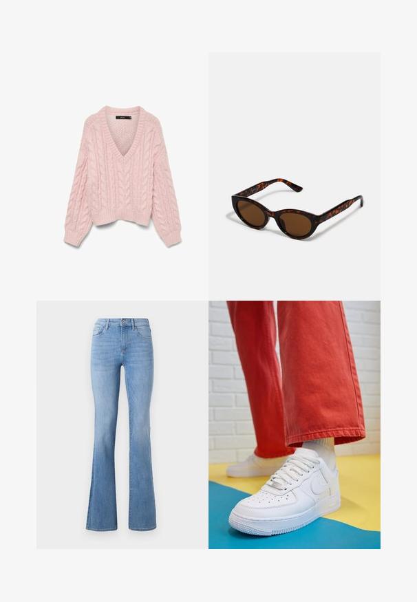 Vero Moda VMDREAM - Pulover - rose shadow; Svjetloplave razčupane traperice s medijanim strukom, klasičnim dizajnom s pet džepova i suptilnim izbljeđivanjem duž nogu. Tekstura traper tkanine.; Beli usnjeni športni čevlji s perforiranim prstnim delom, teksturiranim podplatom in belimi vezalkami, v kombinaciji s širokimi rdečimi hlačami in modro-rumeno ozadje.; Rjave mačkaste sončne očala s vintage mačjo obliko in rjavimi lečami. Imajo ukrivljene ročke z rdečimi detajli.