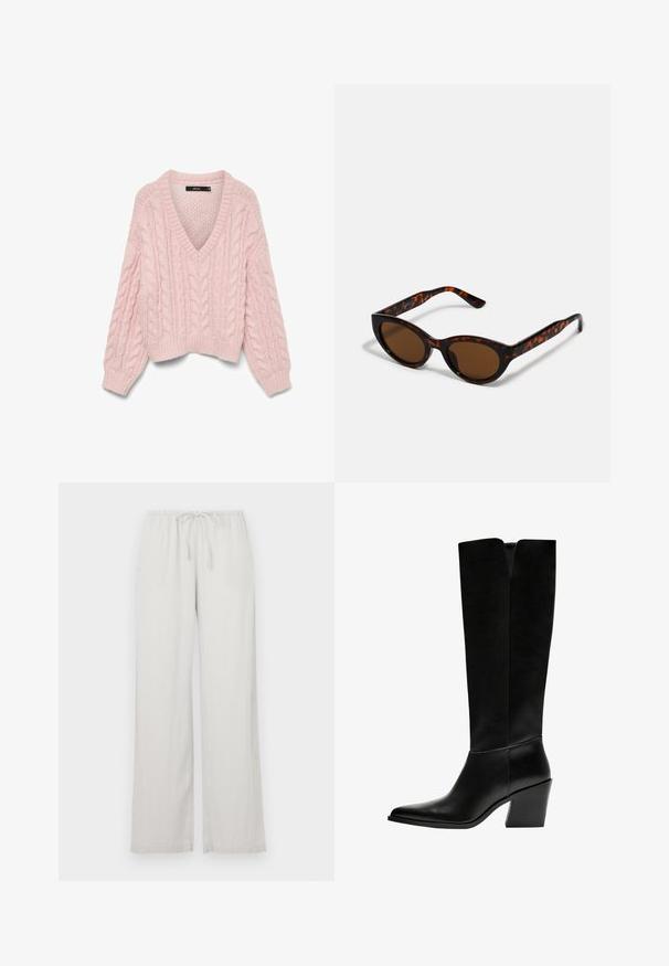Vero Moda VMDREAM - Striktrøje - rose shadow; Lysegrå vide benbukser lavet af blødt materiale, med elastisk talje og snor, samt to sidelommer.; Sorte knæhøje støvler lavet af glat læder, med spids tå, blokhæl og en V-formet udskæring foroven.; Brune skildpadde solbriller med en vintage katteøje-form og brune linser. Har buede arme med røde detaljer.