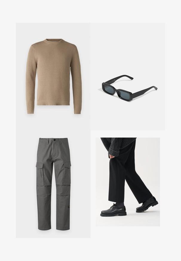 Beżowy sweter dzianinowy z okrągłym dekoltem, prążkowanymi mankietami i dołem oraz fakturowanym materiałem, w jednolitym kolorze, bez wzorów czy akcentów.; Szare spodnie cargo wykonane z trwałego materiału, z prostym krojem nogawki, wieloma bocznymi kieszeniami oraz widocznymi detalami ściegów.; Czarne skórzane buty z okrągłym noskiem, sznurowanym zapięciem i grubą, fakturowaną podeszwą. Noszone z dopasowanymi czarnymi spodniami i swetrem z prążkowanej tkaniny.; Czarne prostokątne okulary przeciwsłoneczne z ciemnymi soczewkami. Błyszcząca oprawka, proste ramiona z lekkim zakrzywieniem. Minimalistyczny design, bez ozdób.