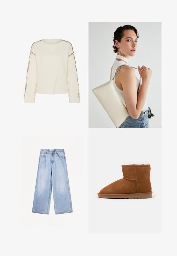Light cream sweater with a round neckline, long sleeves, and decorative brown stitching along the shoulder seams. Soft texture and relaxed fit.; Bershka WIDE-LEG - Wide Leg - light-blue denim; Brown suede ankle boot with a rounded toe and soft lining, featuring a flat rubber sole and minimal stitching details.; White rectangular clutch bag made of glossy material, featuring a silver chain strap. Model poses, showcasing the bag against a plain background.