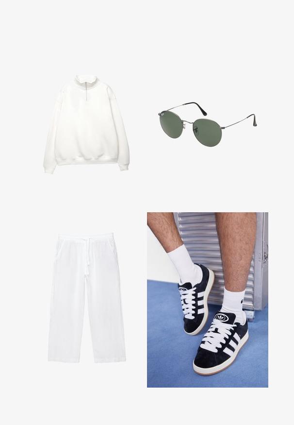 White pullover sweatshirt with a high collar, half-zip front, and dropped shoulders. Smooth texture with ribbed cuffs and hem.; White linen cropped pants with elastic waistband, drawstring, and two side pockets. Smooth texture and lightweight design for comfort.; Black suede sneakers with white laces and three white stripes. Features a circular black logo on the tongue and a gum rubber sole.; Metal-framed sunglasses with oval green lenses. Thin silver metal frame and black ear tips. Minimalist design, no visible logos.