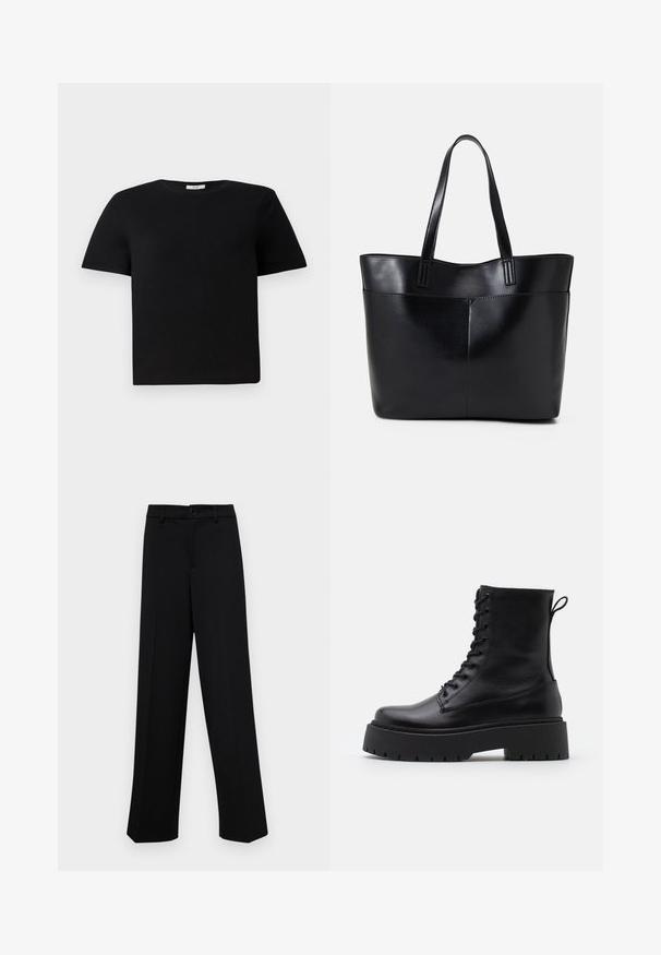 Tricou negru, cu mâneci scurte, din bumbac. Are un guler rotund de tip crew și o croială lejeră. Design simplu, fără modele sau accente.; Pantaloni negri cu croi larg, dintr-un material neted, având un talie clasică cu închidere prin buton și plisuri frontale.; Botine din piele neagră, până la gleznă, cu vârful rotund, șireturi în față și o talpă groasă din cauciuc cu un model texturat. Fâșie de tragere la spate.; Geantă oversized din piele neagră, cu două mânere lungi, de textură netedă și formă structurată. Are un buzunar frontal pentru stocare suplimentară.
