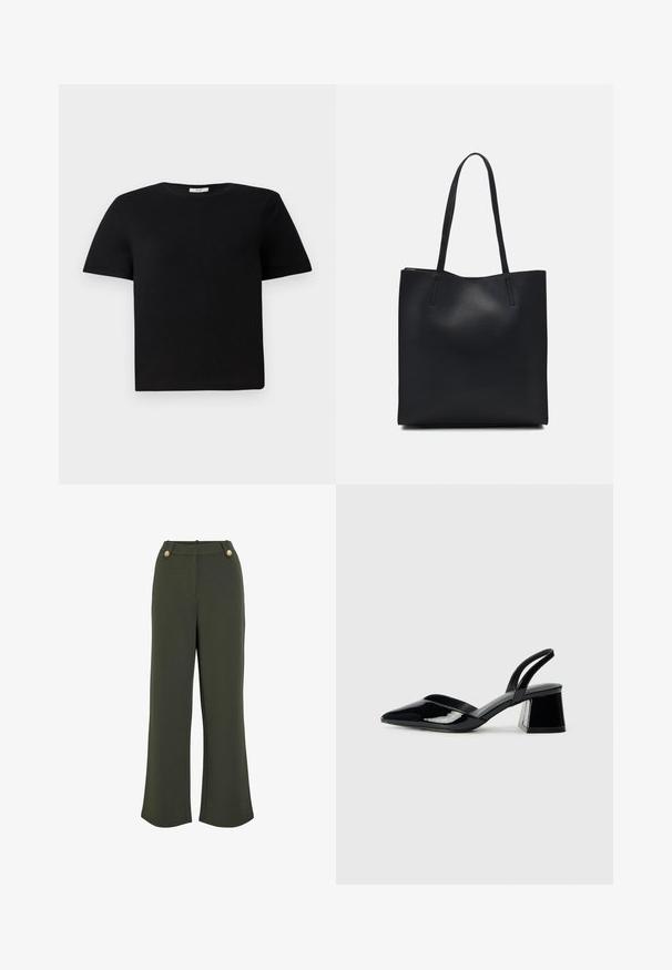 Tricou negru, cu mâneci scurte, din bumbac. Are un guler rotund de tip crew și o croială lejeră. Design simplu, fără modele sau accente.; Pantaloni largi de culoare verde măslin cu o textură netedă, având două butoane aurii la talie și o siluetă curată, bine croit.; Pantofi cu toc slingback din piele lacuită neagră, cu vârf ascuțit și toc geometric. Prezintă un design elegant, minimalist și o textură netedă.; Geantă tote neagră din piele, cu textură netedă, formă rectangulară și două mânere lungi. Fără hardware vizibil sau ornamente.