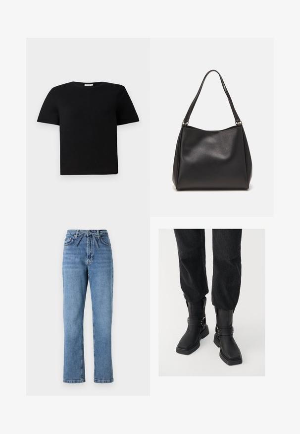 Črna, kratkolužična majica iz bombaža. Ima okroglo ovratnico in sproščen kroj. Enostaven dizajn brez vzorcev ali dodatkov.; Svijetloplave traperice ravnog kroja, visokog struka, s prednjim vezanjem i klasičnim dizajnom s pet džepova. Teksturirana površina s blagim izbljeđivanjem.; Črne usnjene gležnjarje s kvadratnim nosom, ki vsebujejo širok trak in podrobnost z metalno zaponko. Gležnjarji imajo debelo podplat in gladko teksturo.; Črna sintetična usnjena torbica z mehko teksturo, hobo oblika in dvojni naramnici; ima sijajni zaključek in minimalističen dizajn.