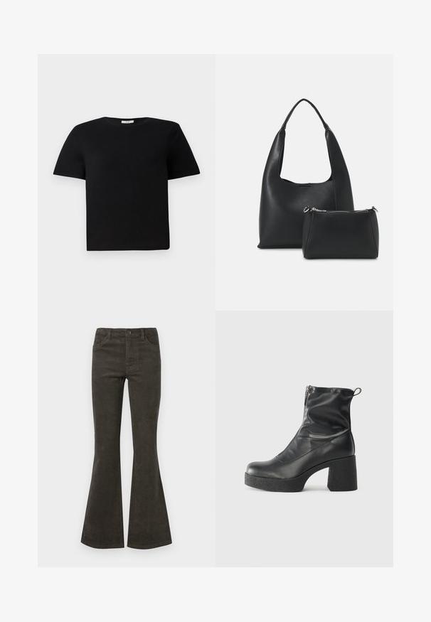 Fekete, rövid ujjú pamut póló. Kerek, klasszikus nyakkivágással és laza szabással rendelkezik. Egyszerű, minta és díszítés nélküli design.; Sötét olajzöld, bővülő kordnadrág, gombos és cipzáras záródással, öt zsebbel és diszkrét bordázott textúrával.; Fekete bokacsizmák sima bőrből, oldalsó cipzárral, vastag, texturált sarkú és lekerekített orrú dizájnnal.; Even&Odd Kézitáska - black