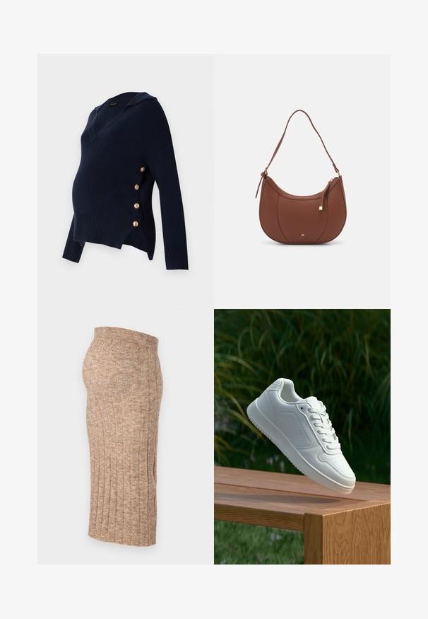 Těhotenský svetr v námořnické modři s výstřihem do V, s ribkovanou texturou a zlatými knoflíkovými detaily na straně, který má volný oversize střih.; Hnědá žebrovaná sukně s elastickým pasem, délky ke kolenům, s hladkou texturou a jednotným vzorem, zobrazená z bočního pohledu na bílém pozadí.; Bílé tenisky s hladkým syntetickým svrškem, perforovanou špičkou, plochými tkaničkami a texturovanou podrážkou, vystavené na dřevěném povrchu.; Hnědá kabelka přes rameno z umělé kůže s zakřiveným tvarem, minimálním prošíváním a zlatým kovovým akcentem. Disponuje vrchním zipovým uzavíráním a nastavitelným popruhem.