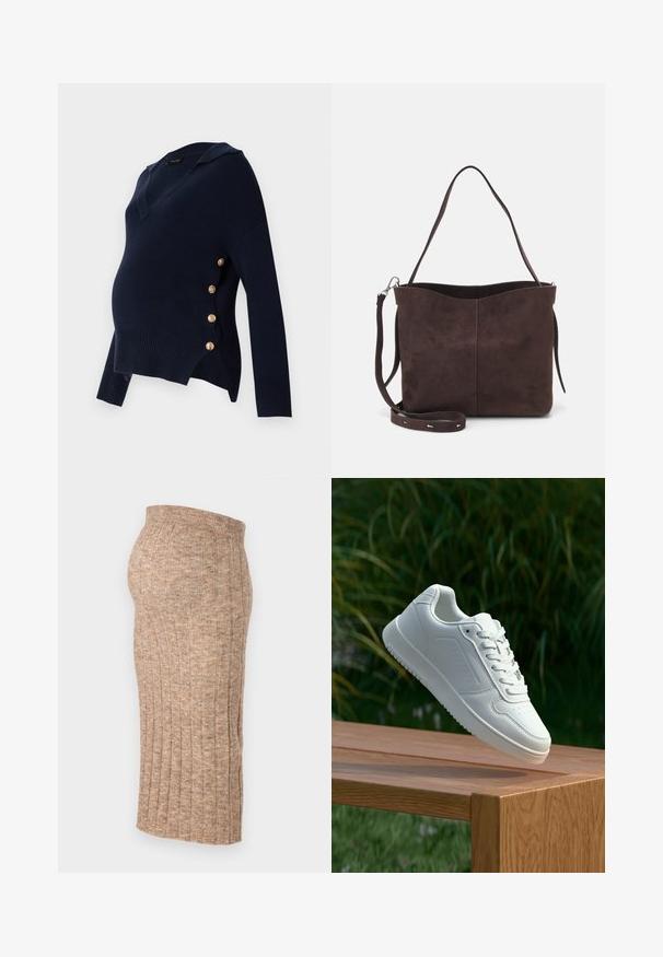 Námornícky modrý tehotenský sveter s výstrihom do V, rebrovanou textúrou a zlatými gombíkovými akcentmi po stranách, s voľným oversized strihom.; Hnedá rebrovaná sukňa s elastickým pásom, po kolená, s hladkou textúrou a konzistentným vzorom, bočný pohľad vystavený na bielom pozadí.; Biele tenisky s hladkým syntetickým zvrškom, perforovanou špičkou, plochými šnúrkami a textúrovanou podrážkou, vystavené na drevenej ploche.; Hnedá semišová taška s mäkkou textúrou, vybavená jedným ramenným popruhom a jemne zakriveným horným otvorom. Bez viditeľných hardvérových detailov.