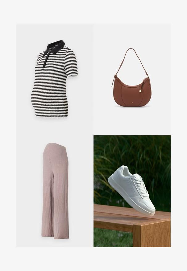 Navy kék kismama pulóver V-kivágással, bordázott textúrával és aranygombos részletekkel az oldalon, laza, oversize szabással.; Fekete-fehér csíkos pólóing rövid ujjal, fekete gallérral és gombos elülső záródással, kismamáknak tervezve.; Világos rózsaszín, bordázott, bő szárú nadrág sima derékkal, puha, textúrált anyaggal és laza sziluettel.; Fehér sportcipő sima szintetikus felsőrésszel, perforált lábujjrész, lapos fűzőkkel és texturált talppal, fából készült felületen kihelyezve.; Barna műbőr válltáska ívelt formával, minimális varrással és arany színű kiegészítőkkel. Jellemzője a felső cipzáras záródás és állítható pánt.