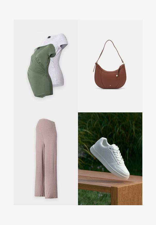 Těhotenský svetr v námořnické modři s výstřihem do V, s ribkovanou texturou a zlatými knoflíkovými detaily na straně, který má volný oversize střih.; Těhotenské trička v olivově zelené a světle šedé barvě. Obě mají krátké rukávy, wrap design a na bocích řasení.; Světle růžové široké kalhoty s ribovaným vzorem, bezšvovým pasem, vyrobené z měkké texturované látky a s uvolněným střihem.; Bílé tenisky s hladkým syntetickým svrškem, perforovanou špičkou, plochými tkaničkami a texturovanou podrážkou, vystavené na dřevěném povrchu.; Hnědá kabelka přes rameno z umělé kůže s zakřiveným tvarem, minimálním prošíváním a zlatým kovovým akcentem. Disponuje vrchním zipovým uzavíráním a nastavitelným popruhem.