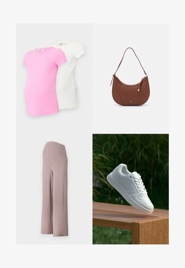 Navy blue maternity sweater with a V-neck, ribbed texture, and gold-button accents along the side, featuring a relaxed oversized fit.; Two maternity t-shirts in pink and white, both ribbed fabric, short sleeves, with scalloped edges and a round neckline.; Light pink, ribbed wide-leg pants with a seamless waistband, featuring a soft, textured fabric and a relaxed silhouette.; White sneaker with a smooth synthetic upper, perforated toe box, flat laces, and a textured sole, displayed on a wooden surface.; Brown faux leather shoulder bag with curved shape, minimal stitching, and a gold-tone hardware accent. Features a top zipper closure and adjustable strap.